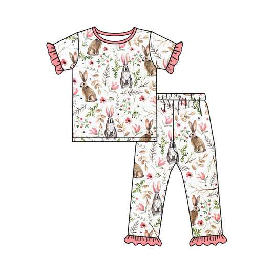 presale GSPO1727 Easter Bunny Flowers and Pink Lace White Short Sleeve Long Pants Pajama Set 2024 9.27