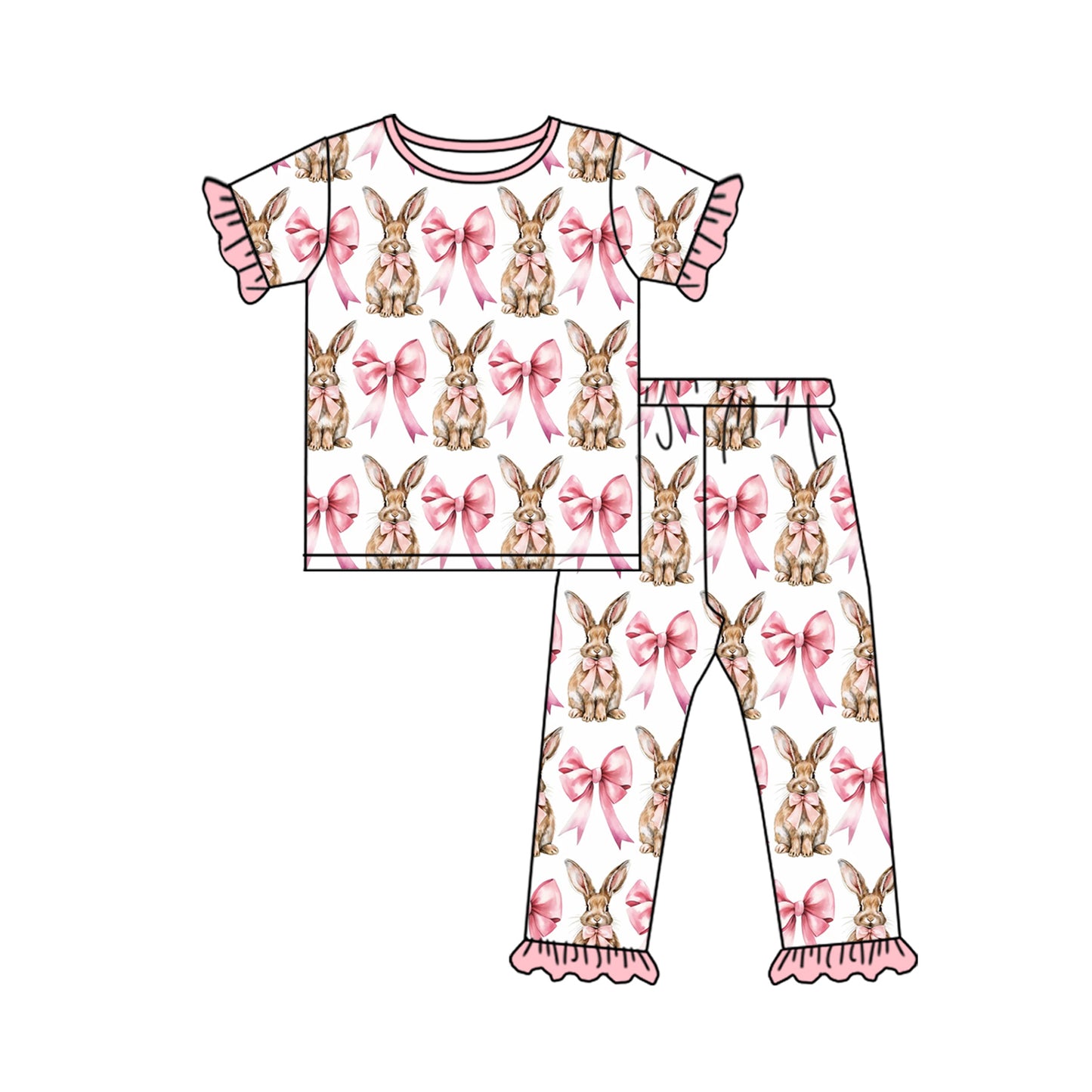presale GSPO1732 White short-sleeved and long pants pajama set with rabbit bow pattern and pink lace   2024 9.28