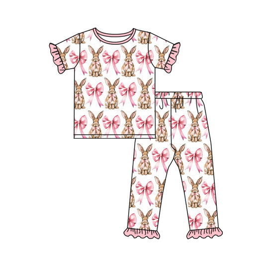 presale GSPO1732 White short-sleeved and long pants pajama set with rabbit bow pattern and pink lace   2024 9.28