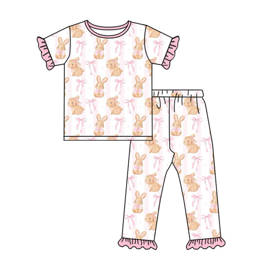 presale GSPO1733 Rabbit bow pattern lace pink striped short-sleeved long pants pajama set   2024 9.28