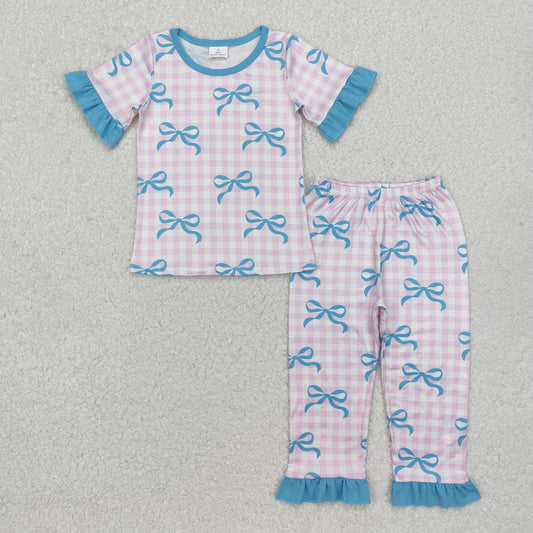 GSPO1736  Bow Pattern Blue Lace Pink Plaid Short Sleeve Long Pants Pajama Set