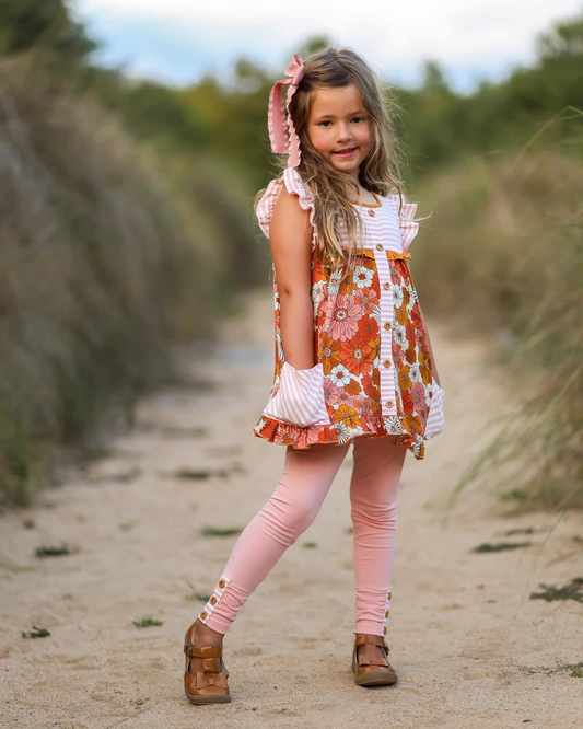 presale GSPO1741 Orange Flower Pink Stripe Pocket Button Fly Sleeve Trousers Set 2024 10.8