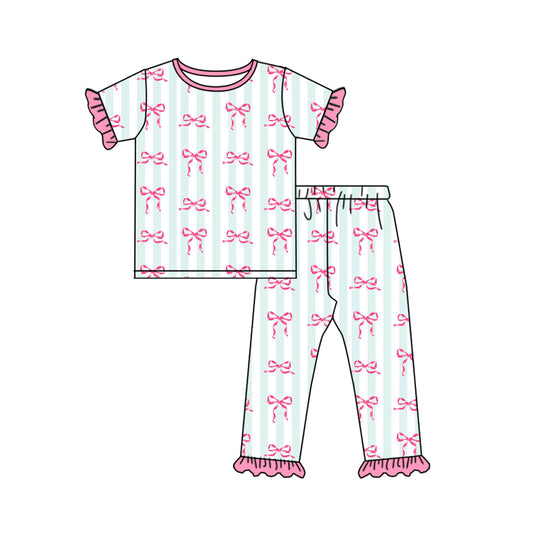 presale GSPO1749 Pink lace striped short-sleeved trousers pajama set with bow pattern 2024 10.9