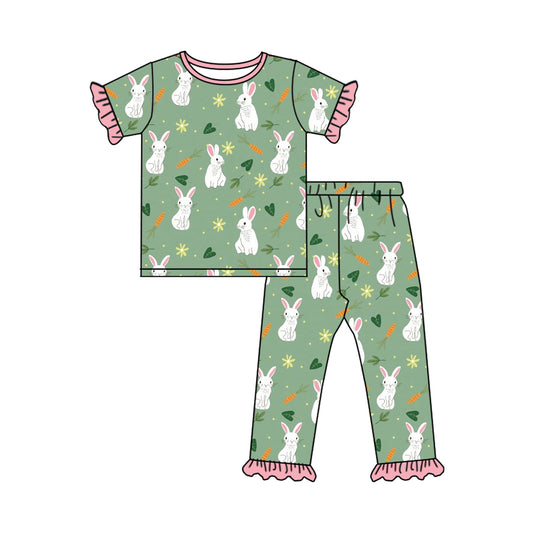 presale GSPO1767 Easter Bunny Carrot Leaf Pink Lace Green Short Sleeve Long Pants Pajama Set 2024 10.14
