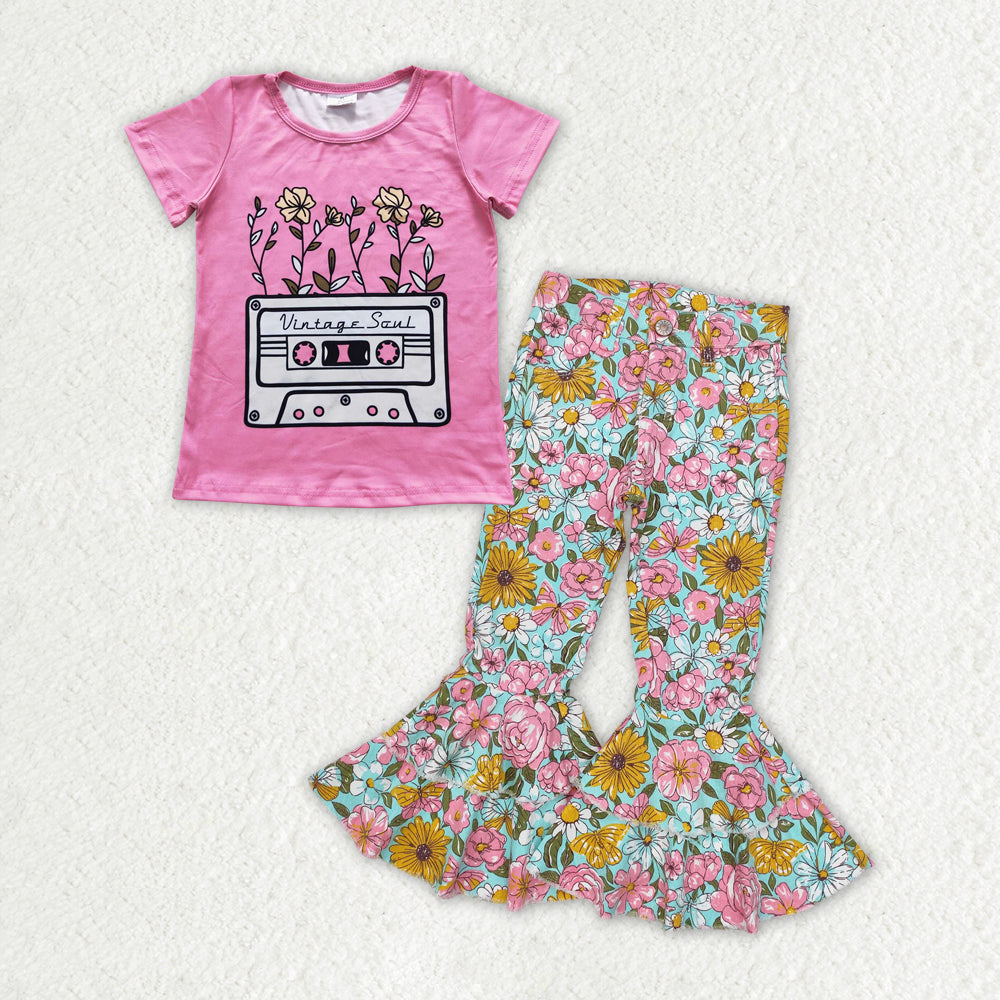 GSPO1769 Floral pink short-sleeved floral green denim pants suit