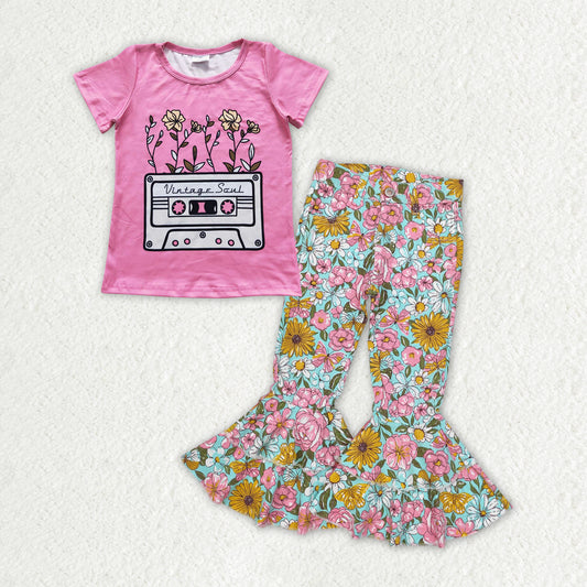 GSPO1769 Floral pink short-sleeved floral green denim pants suit