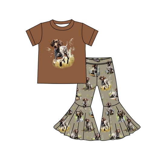presale GSPO1774 Puppy Brown Short Sleeve Gray Green Flared Pants Trousers Suit 2024 10.17
