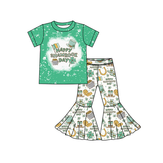 presale GSPO1776 Green short-sleeved flared pants suit with four-leaf clover and gold coins   2024 10.18