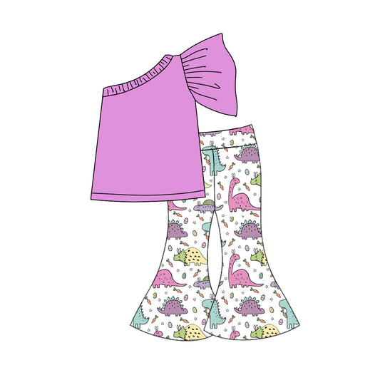 presale GSPO1789 Solid Purple One Shoulder Sleeve Easter Dinosaur Egg Carrot Pants Set   2024 10.21