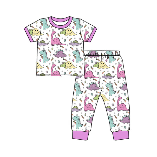 presale GSPO1790 Easter Dinosaur Egg Carrot Purple White Short Sleeve Long Pants Pajama Set 2024 10.21