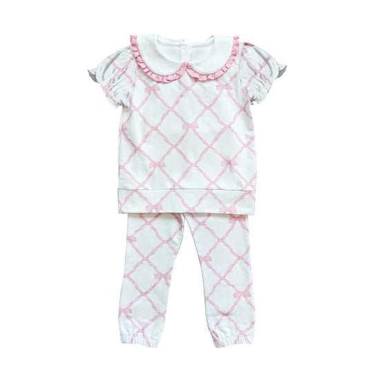 presale GSPO1791 Pink lace bow pattern baby collar white short-sleeved trousers suit 2024 10.22