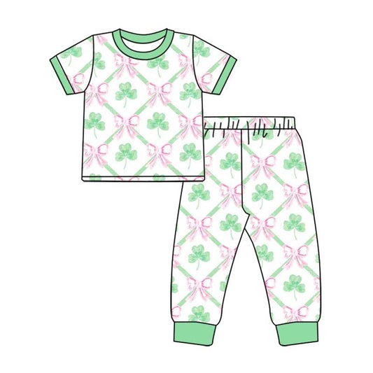 presale GSPO1792 Four-leaf clover bow pattern green and white short-sleeved long pants pajama set 2024 10.22