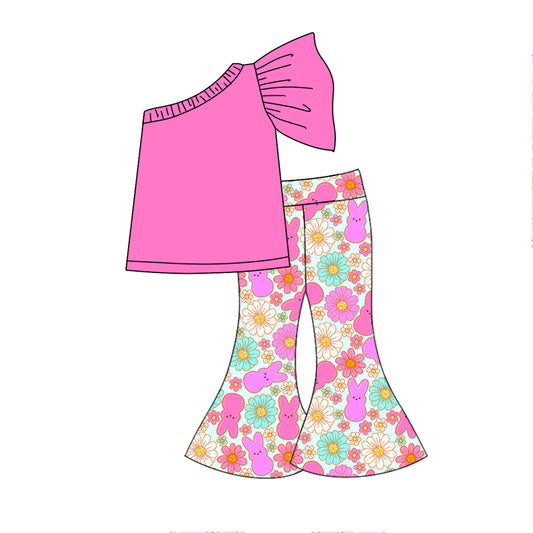 presale GSPO1798 Solid Rose Red One Shoulder Sleeve Easter Bunny Flower Trousers Set   2024 10.22