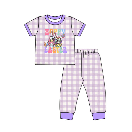 presale GSPO1799 Purple Plaid Short Sleeve Long Pants Pajama Set 2024 10.22