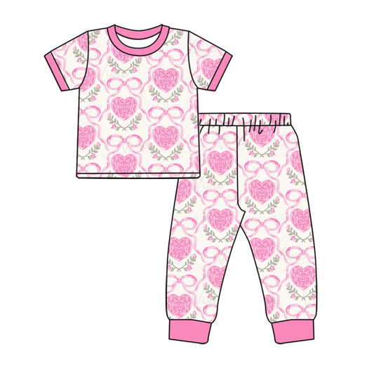 presale GSPO1801 Valentine's Day Heart Flower Bow Pattern Beige Short Sleeve Long Pants Pajama Set 2024 10.23