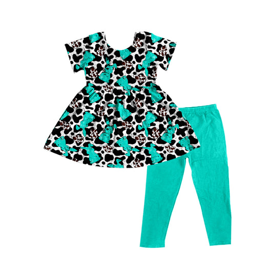 presale GSPO1802  Easter Bunny Cow Print Short Sleeve Teal Pant Suit 2024 10.23