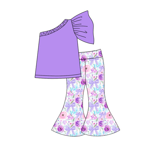 presale GSPO1803 Solid purple one-shoulder sleeve floral bow pattern trousers suit 2024 10.24