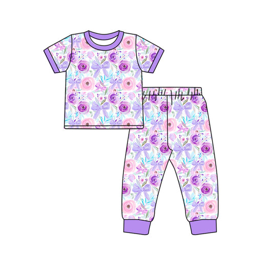 presale GSPO1804 Purple short-sleeved long pants pajama set with flower and bow pattern 2024 10.24