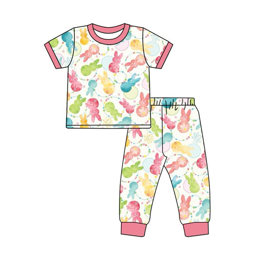 presale GSPO1805 Easter Bunny Circle Pink Trim Short Sleeve Long Pants Pajama Set  2024 10.24