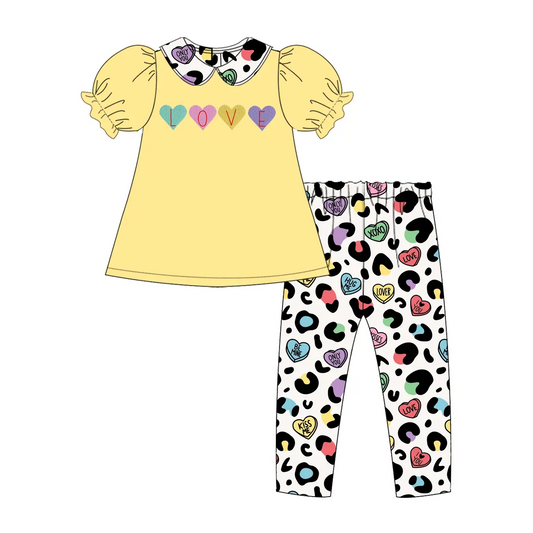presale GSPO1806 Love Color Leopard Print Doll Collar Yellow Short Sleeve Long Pants Suit  2024 11.30