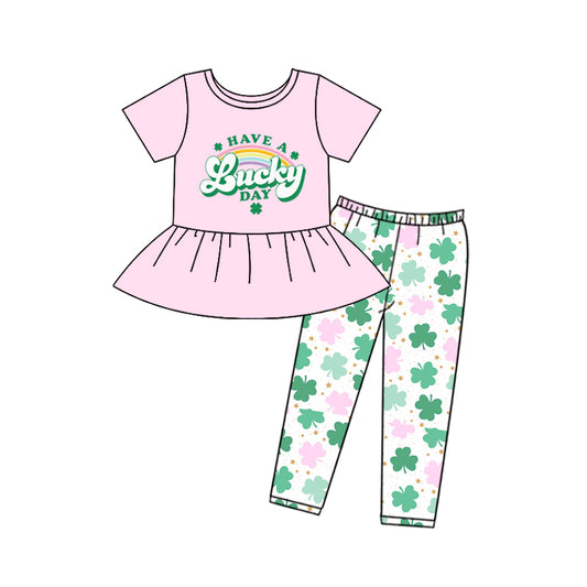 Presale GSPO1812 Pink short-sleeved trousers suit with rainbow letters and four-leaf clover  2024 10.31