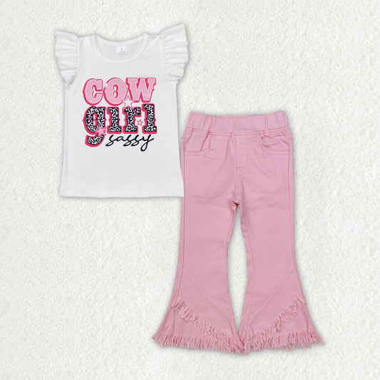 GSPO1817 Baby Girls Western Cowgirl Sassy Shirt Top Pink Fringe Denim Jeans Pants Clothes Set
