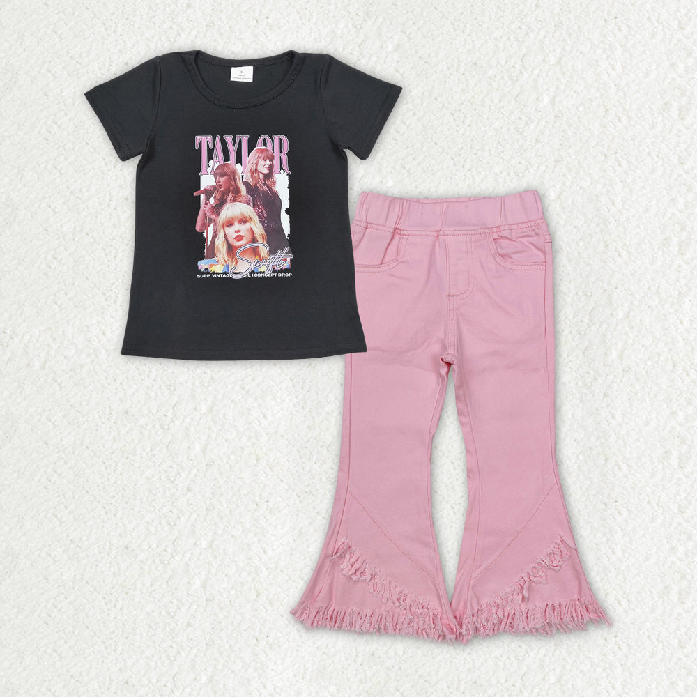 GSPO1818 Baby Girls Black Shirt Top Pink Fringe Denim Jeans Pants Clothes Set