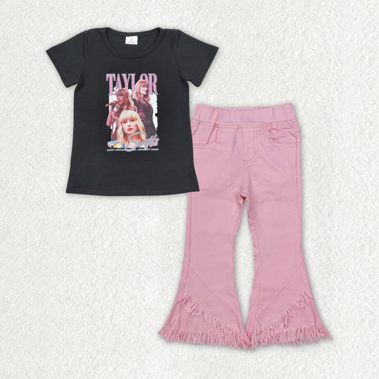 GSPO1818 Baby Girls Black Shirt Top Pink Fringe Denim Jeans Pants Clothes Set