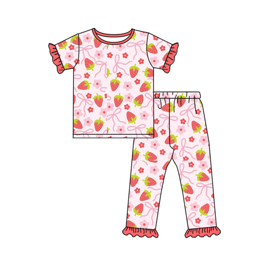 presale GSPO1823 Pink short-sleeved long pants pajama set with flower strawberry and bow pattern lace 2024 .11.8