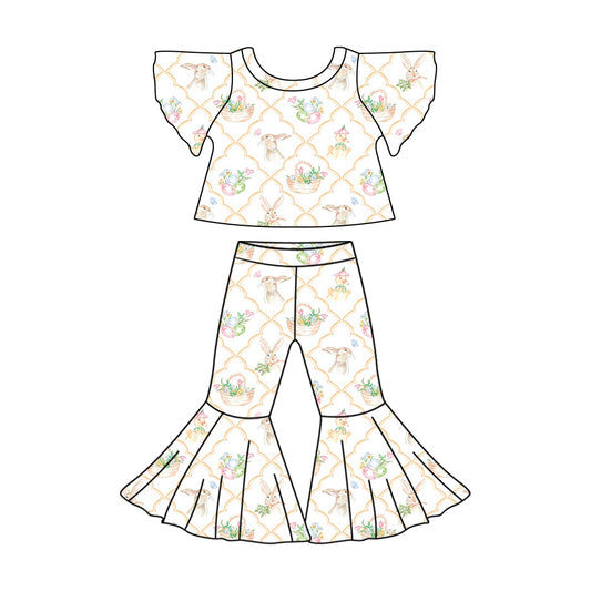 presale GSPO1829 Easter Bunny Flower Basket Plaid White Fly Sleeve Pants Set 2024 .11.9