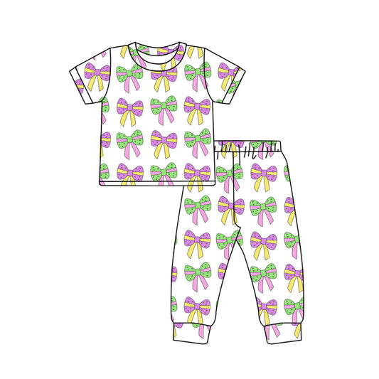 presale GSPO1830 White short-sleeved and long-pants pajama set with Mardi Gras bow pattern 2024 11.11