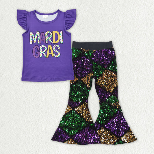 GSPO1831 Baby Girls Mardi Gras Top Colorful Sequin Pants Clothes Sets