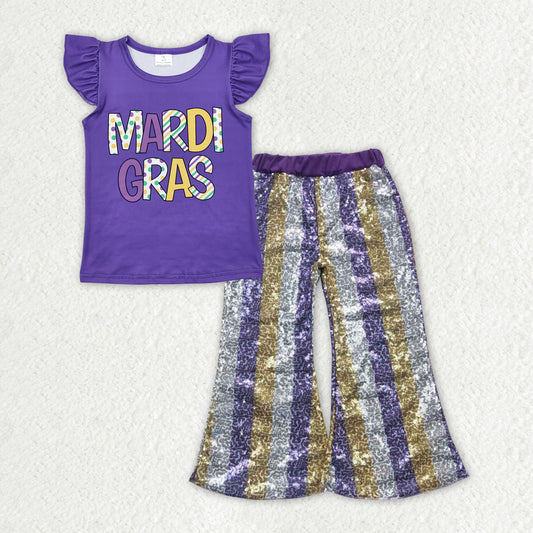 GSPO1832 Baby Girls Mardi Gras Top Grey Stripes Sequin Pants Clothes Sets