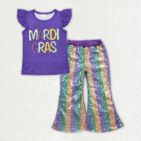 GSPO1833 Baby Girls Mardi Gras Top Green Stripes Sequin Pants Clothes Sets