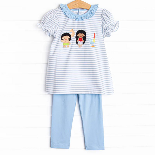 presale GSPO1835 Cartoon Girl Chicken Stripe Blue Lace Short Sleeve Pants Suit 2024 11.13