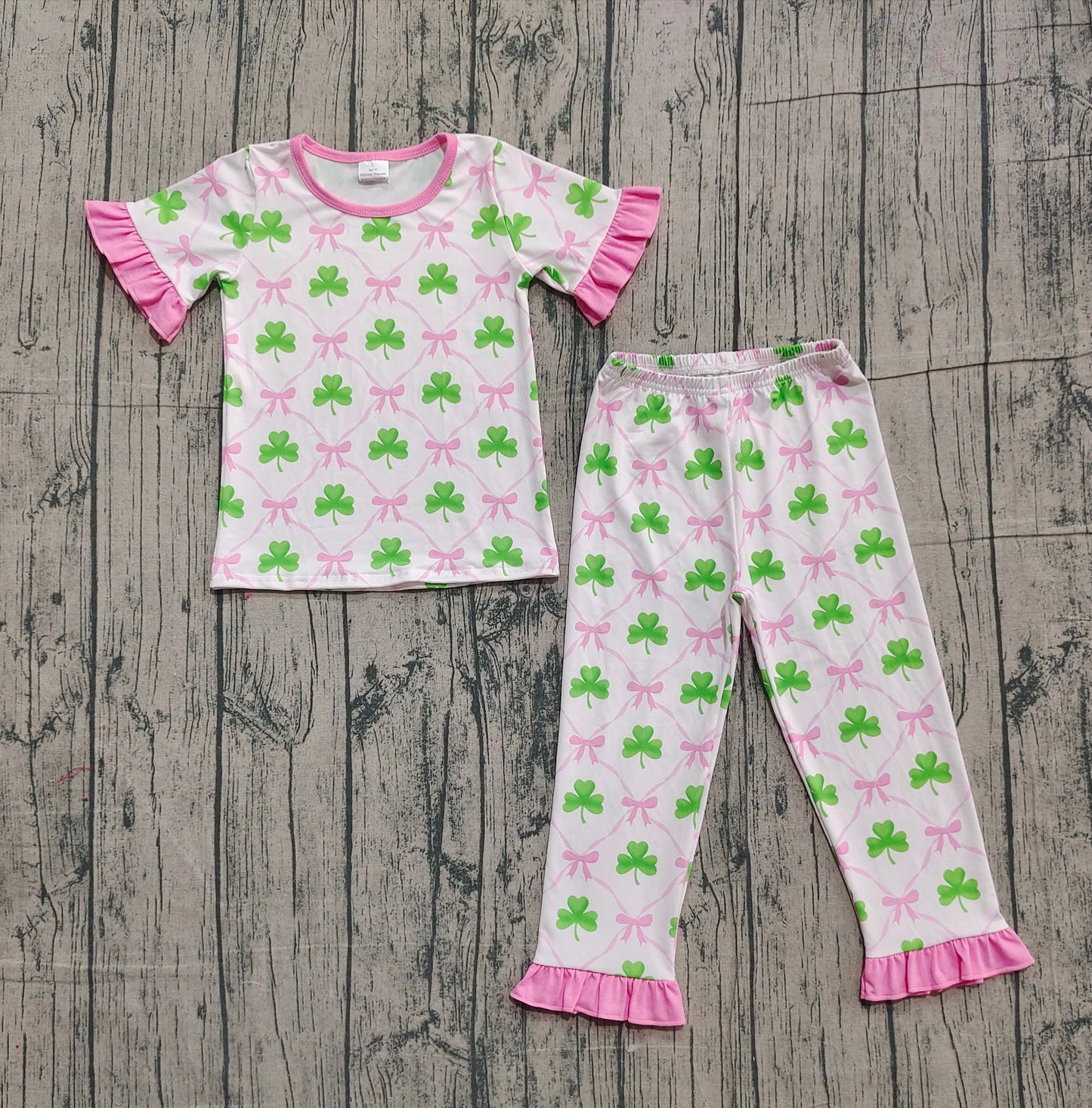 presale GSPO1838 Baby Girls Bows Clovers Checked Top Ruffle Pants St Patrick Pajamas Sets D 1105