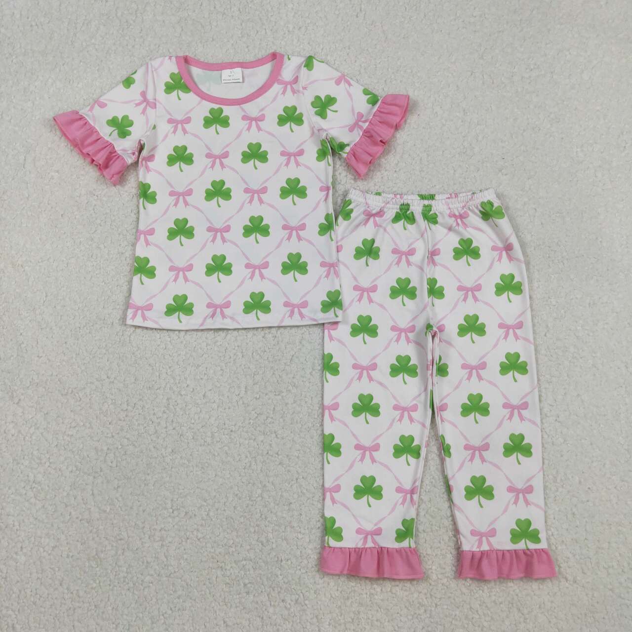 GSPO1838 Baby Girls Bows Clovers Checked Top Ruffle Pants St Patrick Pajamas Sets D 1105
