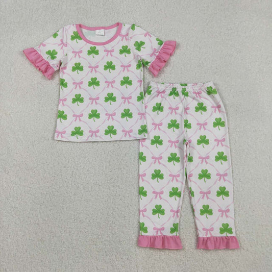 GSPO1838 Baby Girls Bows Clovers Checked Top Ruffle Pants St Patrick Pajamas Sets D 1105