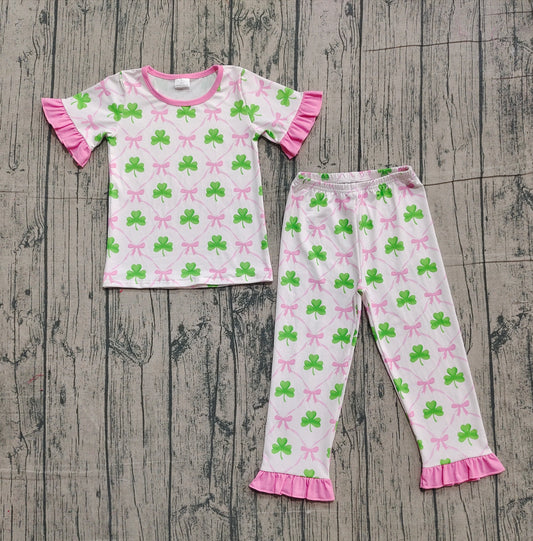 presale GSPO1838 Baby Girls Bows Clovers Checked Top Ruffle Pants St Patrick Pajamas Sets D 1105