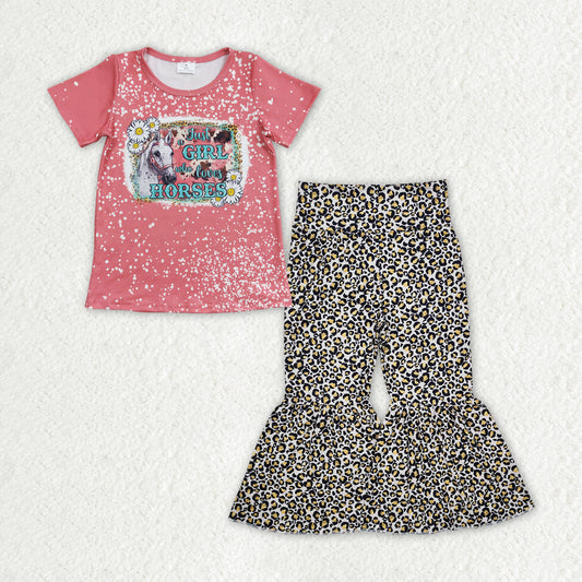 GSPO1839 Baby Girls Western Horses Shirt Leopard Bell Pants Clothes Sets