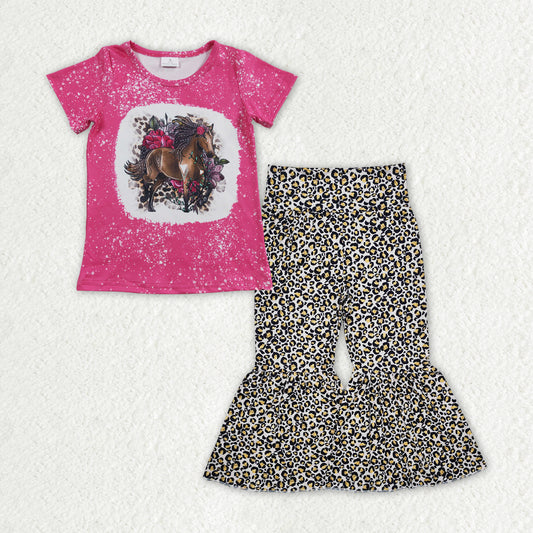 GSPO1840 Baby Girls Western Horse Flowers Shirt Leopard Bell Pants Clothes Sets