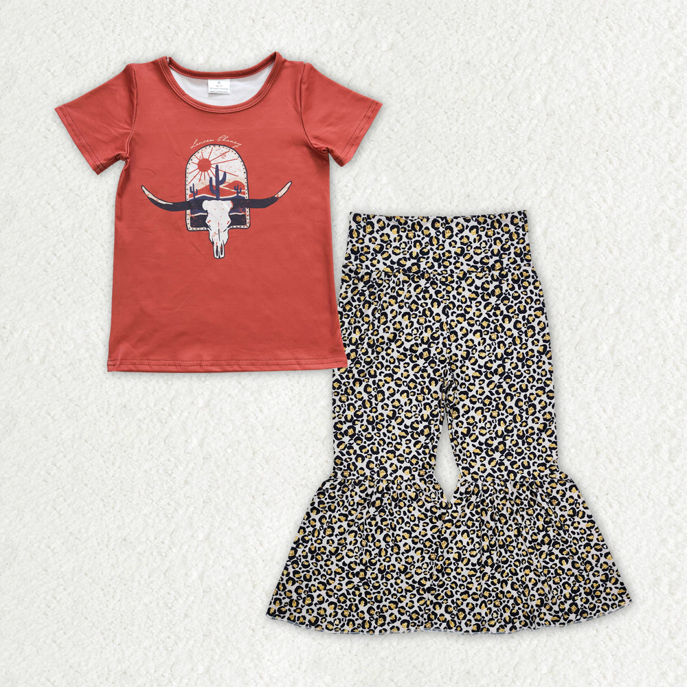 GSPO1841 Baby Girls Western Cow Cactus Shirt Leopard Bell Pants Clothes Sets