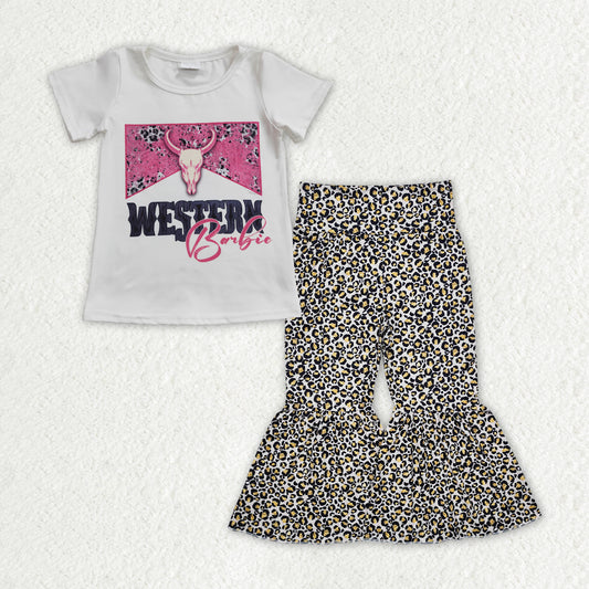 GSPO1842 Baby Girls Western Doll Shirt Leopard Bell Pants Clothes Sets