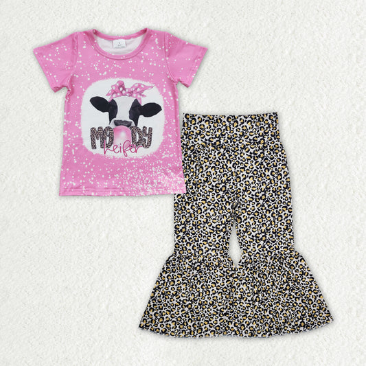 GSPO1843 Baby Girls Western Moody Heifer Shirt Leopard Bell Pants Clothes Sets