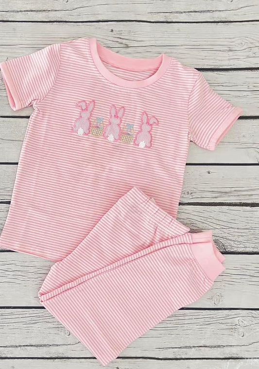 presale GSPO1844 Easter Bunny Basket Pink Striped Short Sleeve Long Pants Pajama Set 2024 11.18