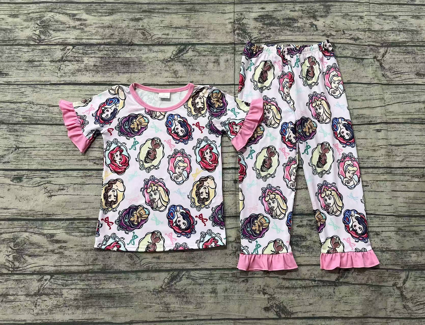 GSPO1846 Colorful Bow Pink Lace Short Sleeve Long Pants Pajama Set