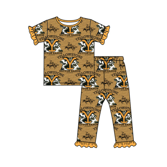 presale GSPO1852  Yellow lace short-sleeved trousers pajamas set with cow lettering 2024 11.23