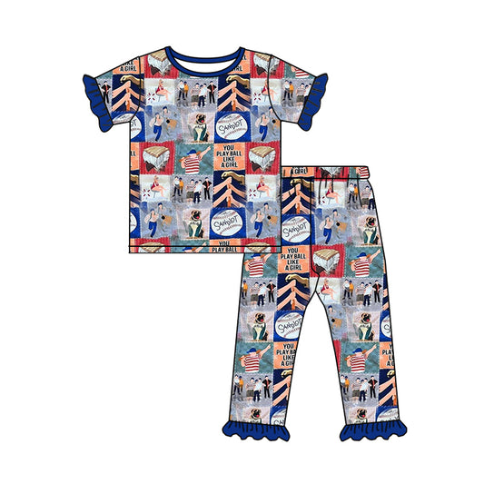presale GSPO1853 Letter Baseball Plaid Blue Lace Short Sleeve Long Pants Pajama Set  2024 11.27