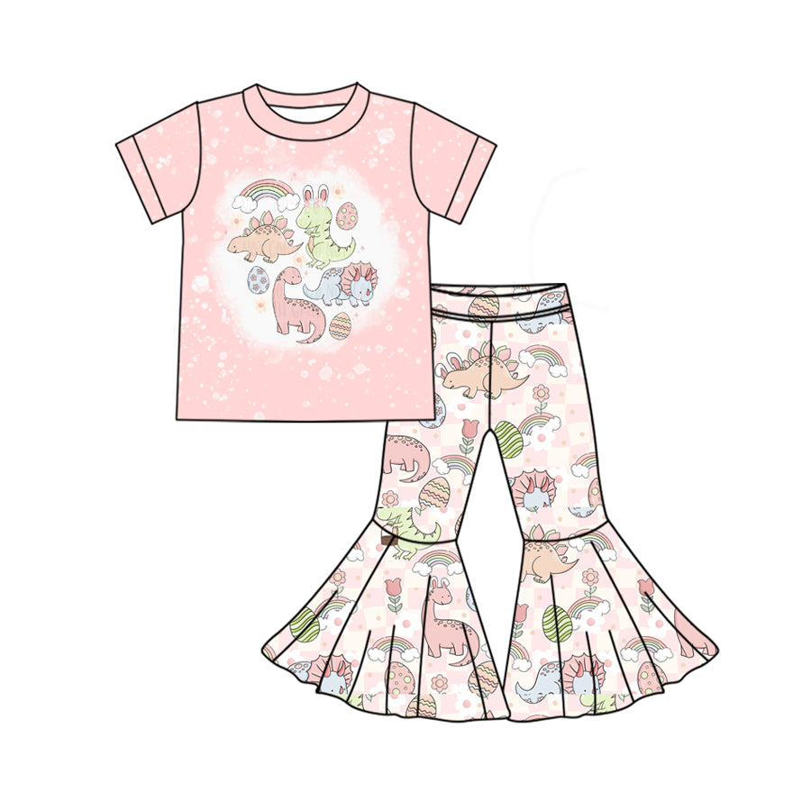 presale GSPO1856  Easter Egg Dinosaur Rainbow Plaid Pink Short Sleeve Pants Set 2024 11.27