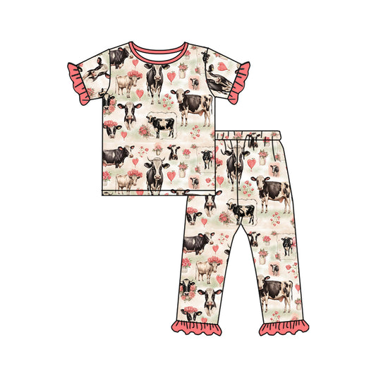 presale GSPO1858  Heart Flower Cow Lace Short Sleeve Long Pants Pajama Set  2024 11.28